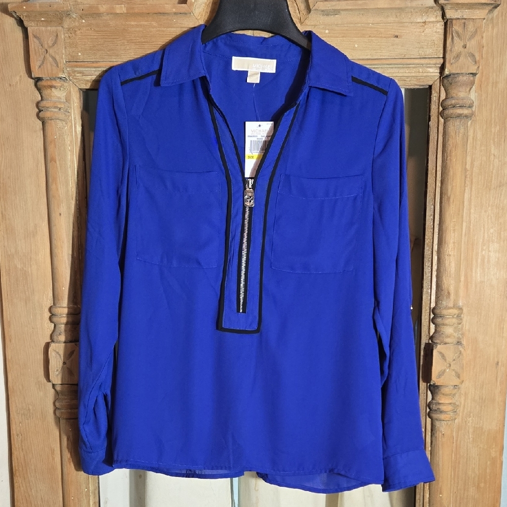 Michael Kors Blue Women's Top with Zipper With Tab Long Sleeves In Size Medium